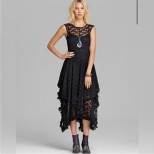 Free People French Courtship Black Asymmetrical lace tiered dress